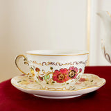 Decorative teacup with floral patterns on a saucer against a neutral background