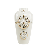 A 27cm tall white porcelain vase with gold-plated ornamental details and a gold-plated handle.