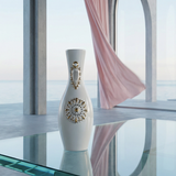 Decorative vase with intricate design on a reflective surface