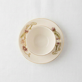 Teacup and saucer with floral design on a white background
