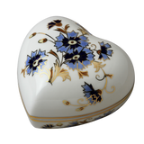 Zsolnay Cornflower porcelain heart-shaped bonboniere featuring hand-painted blue flowers and 18K gold details.