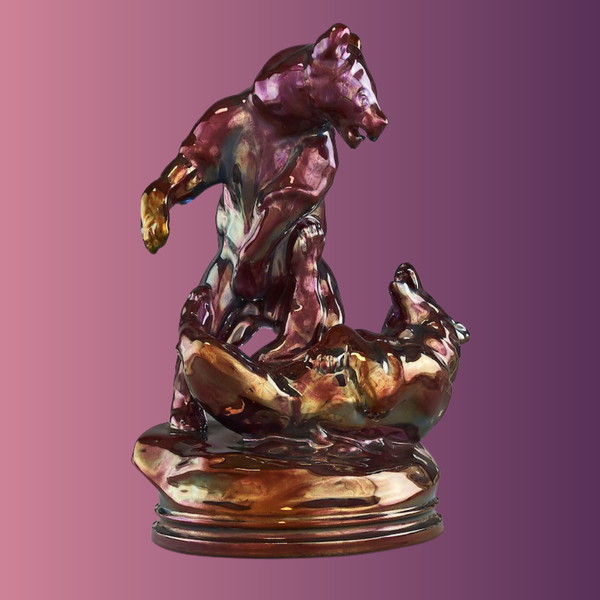 Fighting Bears Figure in full purple,  original Zsolnay Eozin glaze home decor