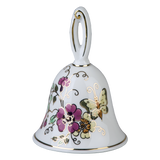 Decorative ceramic bell with floral and butterfly designs on pink petals