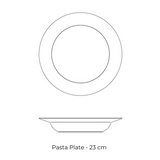 Diagram of the 23cm Zsolnay Autumn porcelain pasta plate showing top and side profile views.